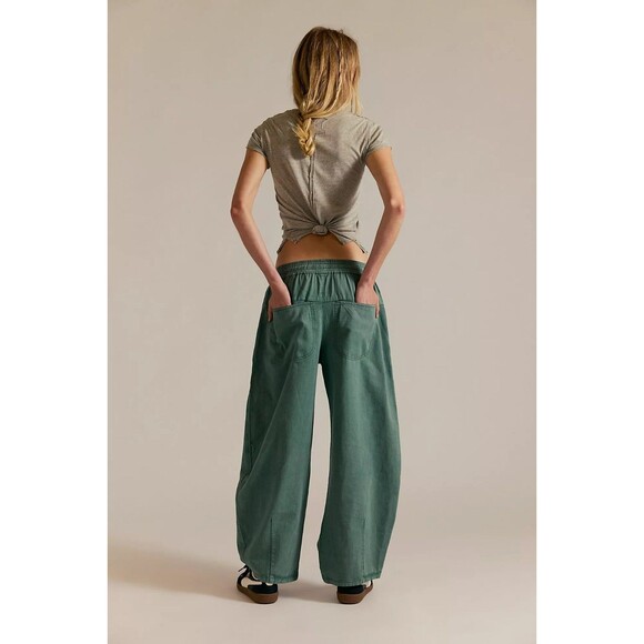 Free People Lex Barrel Pants Trousers Tapered Leg Cotton Pull On Olive L 282663 - Picture 2 of 9